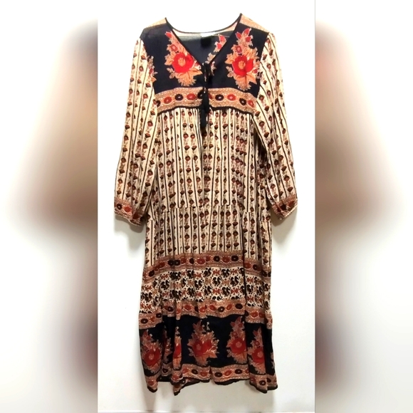 Dilli Grey Dress in Bagru beige, Ethnic Print: Large - Picture 1 of 5